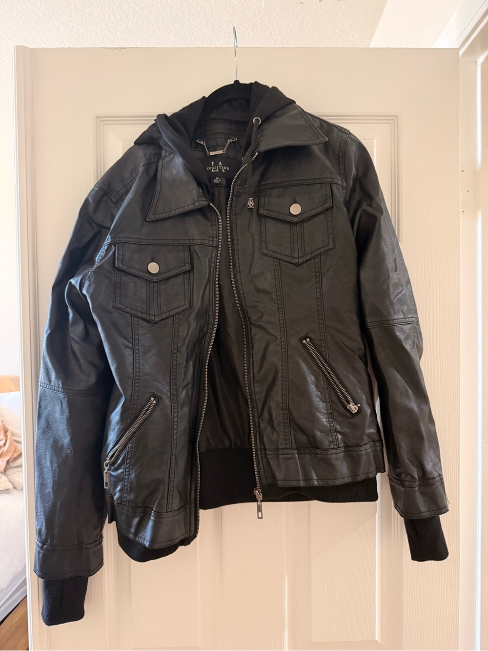 Black Faux Leather Hooded Jacket for Women - Stylish Zip Front